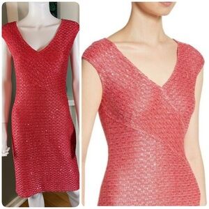 St John Coral Red Pink Knit Sequin Sheath Mini Dress Size 4 Sweater Shift